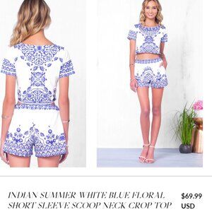 Summer White&Blue Floral Short Sleeve Scoop Neck Crop Top & Pleated Short Romper